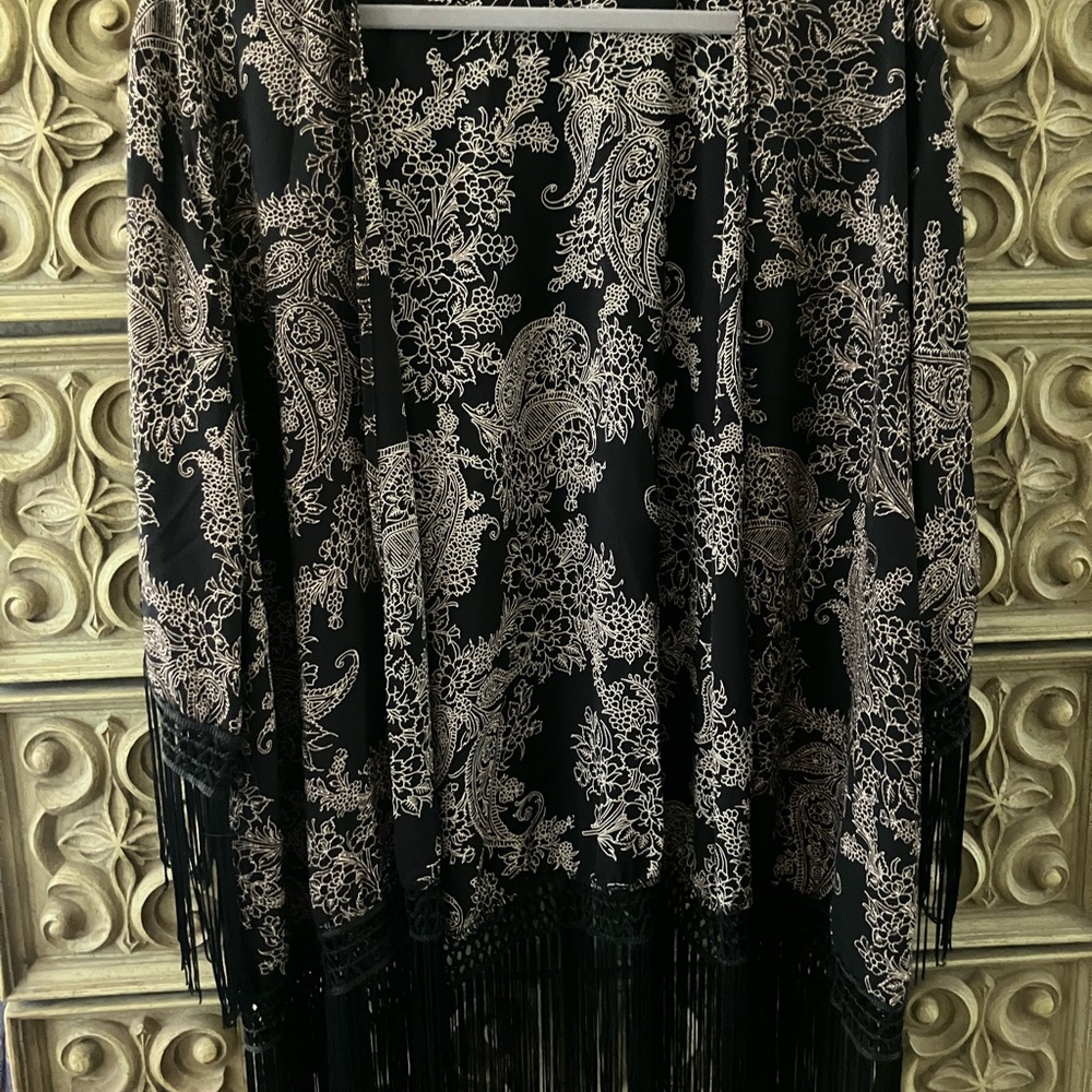 ANGL Black and Cream Paisley Fringe Kimono Jacket
